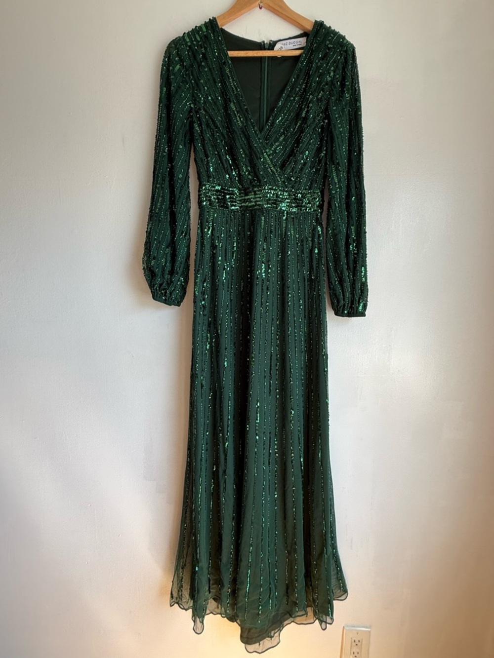Mac Duggal Deep Green Beaded Long-Sleeve Evening Gown Size 6 New - Picture 5 of 14